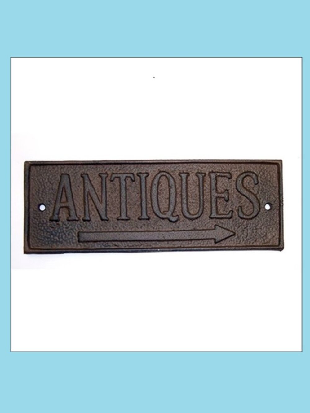 Cast Iron Wall Sign Plaque "Antiques" Store Decor 9 ¼” long by 3 ½” tall 07470